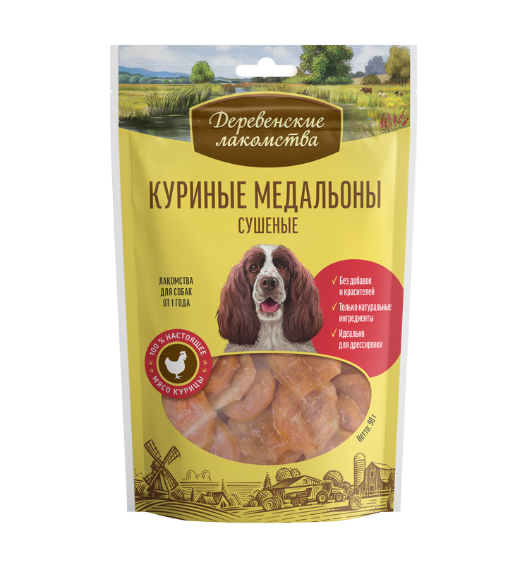 Деревенские лакомства Куриные медальоны сушеные для собак 90 г