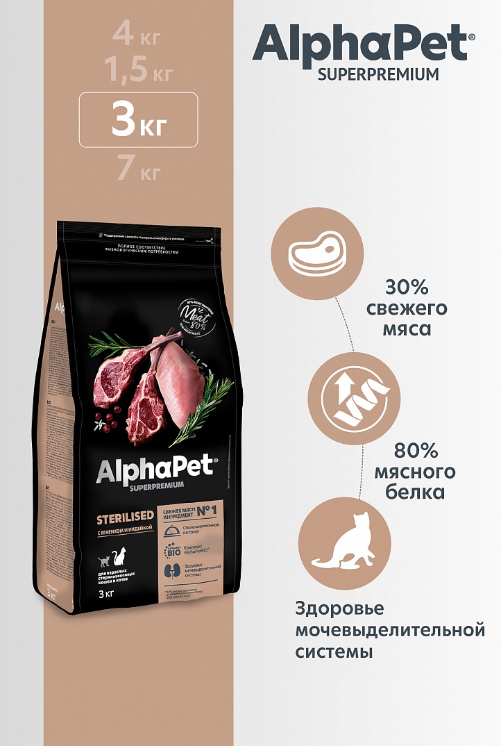 Сухой полнорационный корм AlphaPet Superpremium для взрослых стерилизованных кошек и котов с Ягненком и Индейкой 3 кг